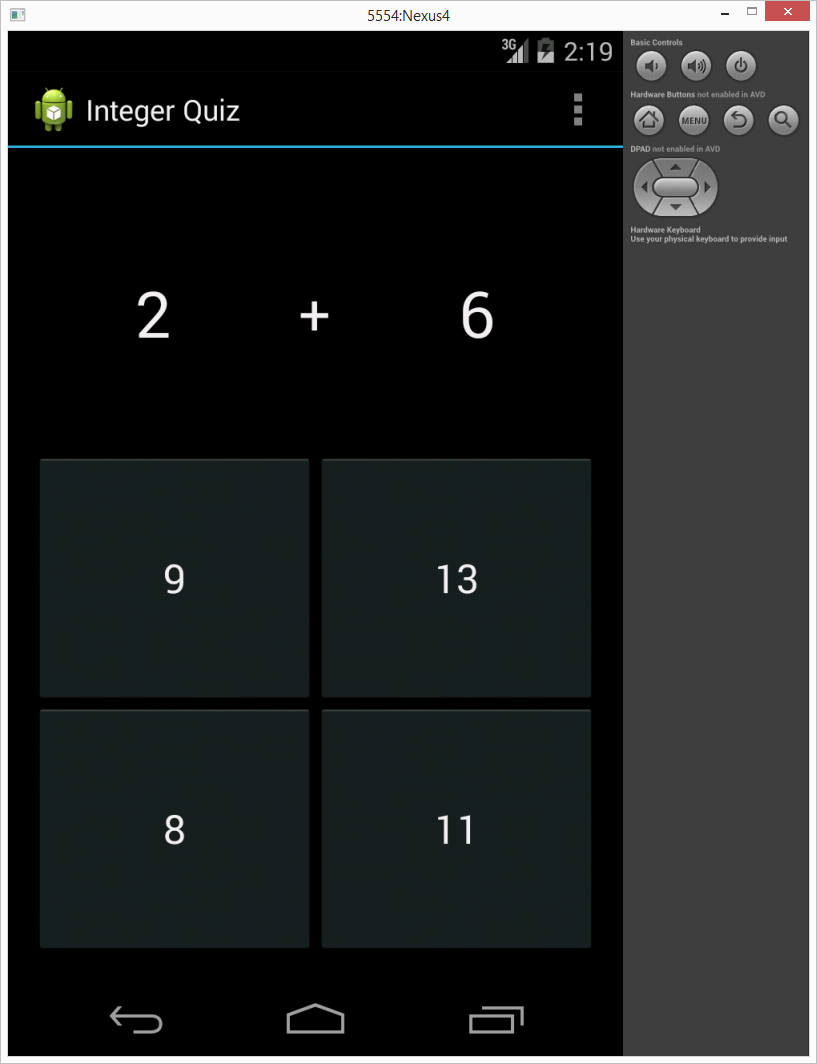 a screenshot of my Android math quizzer app in the Android Emulator