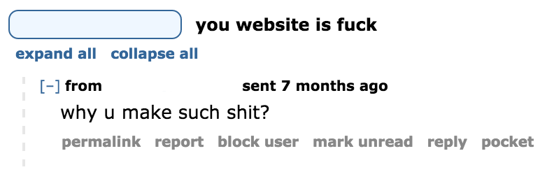 screenshot of a private message I received which asks why my website is not good