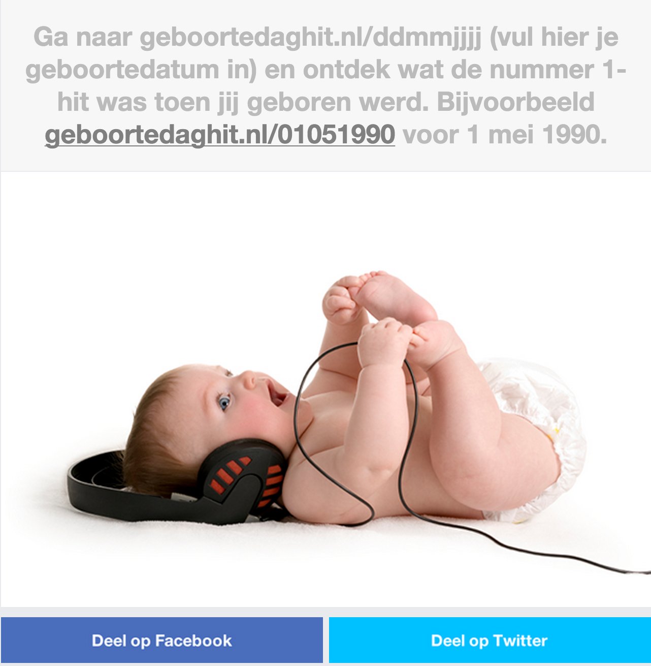 screenshot of a website with a similar purpose to Porktrack, with a picture of a baby wearing headphones and text in the Dutch language